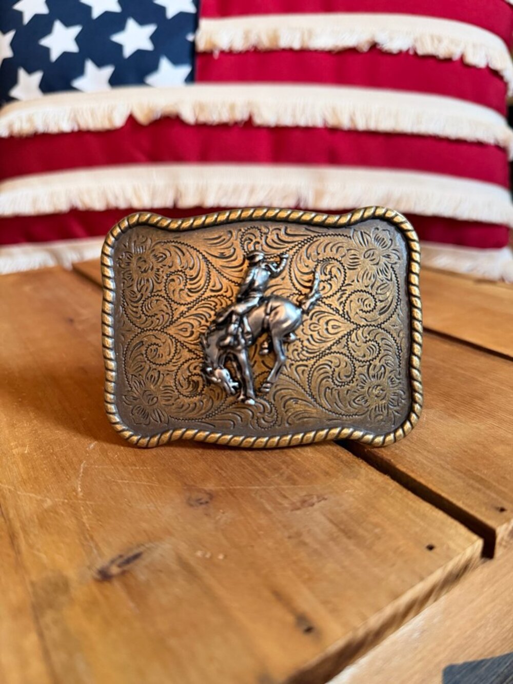 Western Bronc Rider Belt Buckle Floral Engraved Brass Tone Cowboy Rodeo